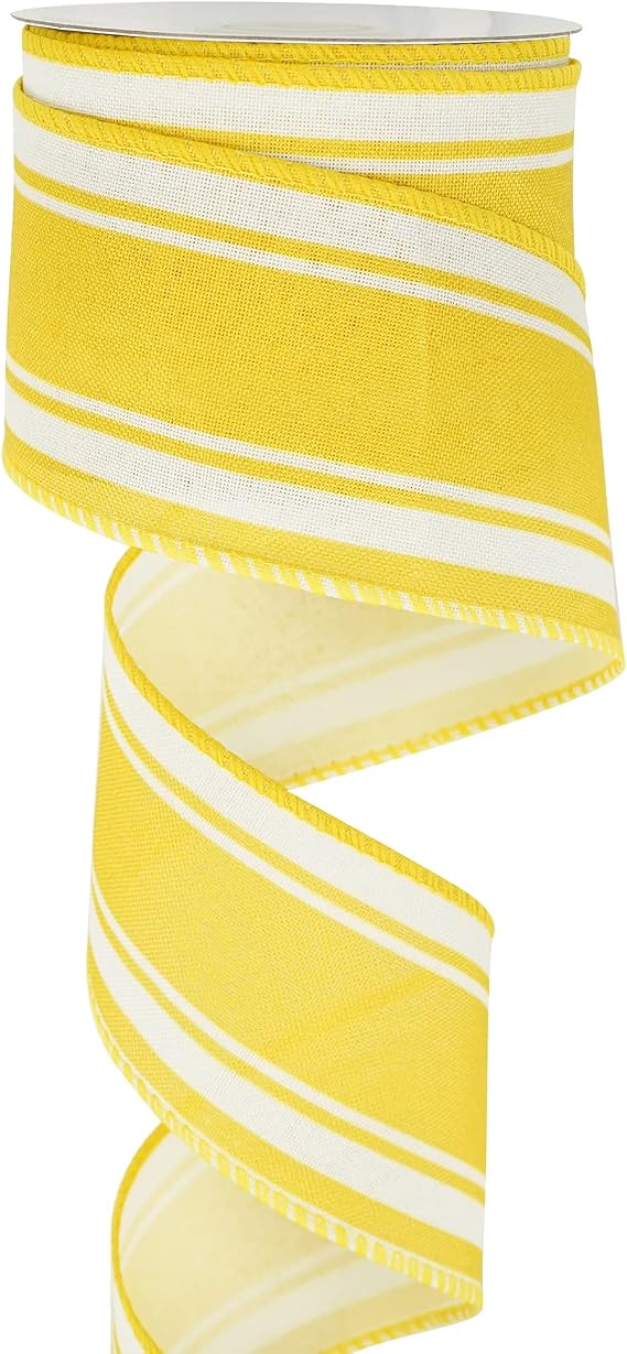 HUIHUANG Yellow Stripe Burlap Wired Edge Ribbon 2.5 inch Continuous 10 Yds