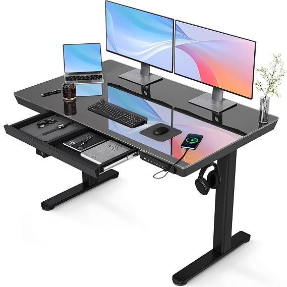 Claiks Glass Standing Desk with Drawers, 120×60 cm Adjustable Stand Up Desk, Quick Install Home Office Computer Desk with USB Ports, Black