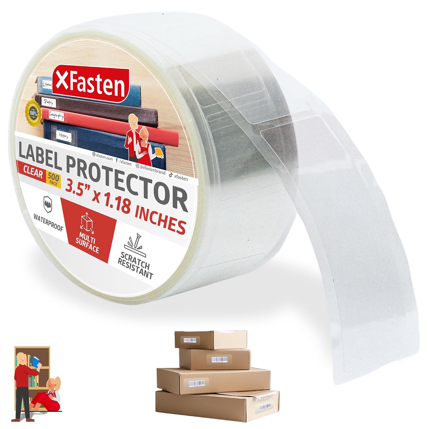 XFasten Clear Labels Sticker Protectors 500-Pack Waterproof and Yellowing-Resistant Clear Label Protectors for Barcode Stickers, Library Labels for Book Spines, Laboratory, Office 3.5 x 1.2 inch