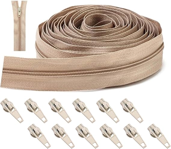 Zips for Sewing, Continuous Zip Repair 5m Beige Zipper Size 3 Yard Bulk Zippers for Sewing with 12 Sliders Long Zip, Heavy Duty Trimmable on Roll NO.3 Pullers for DIY Sewing Tailor Craft Bag