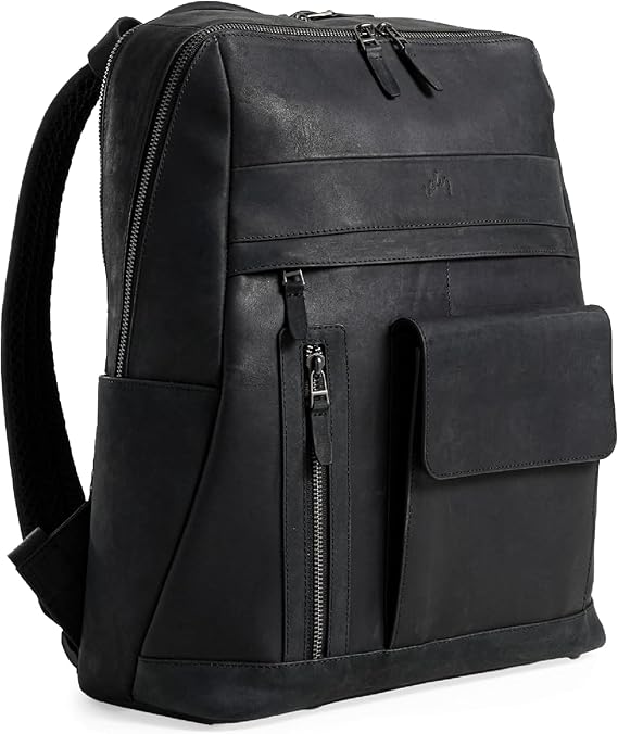 Black Leather Backpack for Men & Women - Large Capacity Laptop Travel Backpack with 17" Sleeve - Vintage Travel Bag with Adjustable Straps, Multiple Pockets & Trolley Sleeve - 34cm x 15cm x 40cm
