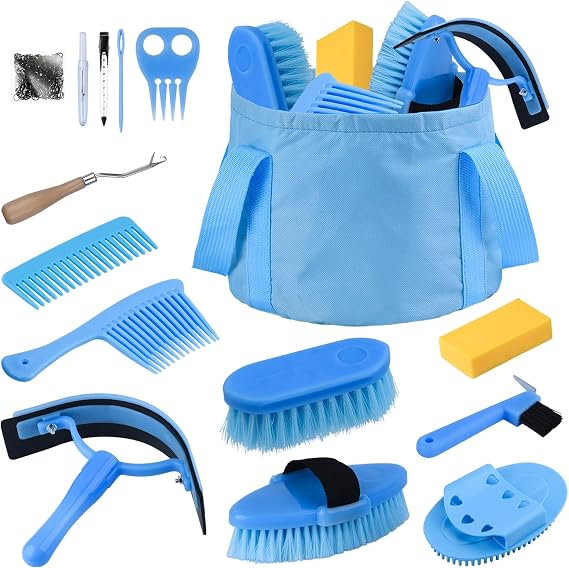 Horse Grooming Kit, 13-Piece Horse Brush Set with Organizer Bag Complete Care, Mane Braiding Kit, Brushes & Curry Comb for Effective Grooming, Ideal Supplies Set for Horses Riders Beginners