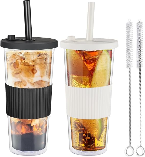 autumndeer 2 Pack Boba Tea Cup with Straw and Lid, 24 Oz Clear Double Wall Insulated Smoothie Tumbler, Reusable Bubble Tea Mug, Leakproof Wide Straw for Iced Coffee Smoothie Cup (Black & White)