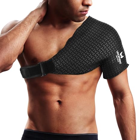 LIFE WORKS Shoulder Ice Gel Pack with Adjustable Strap, Reusable Cold Therapy Wrap for Shoulder Support, Rotator Cuff Relief, Swelling, and Injury Recovery, Fits Left or Right Side, One Size Fits Most