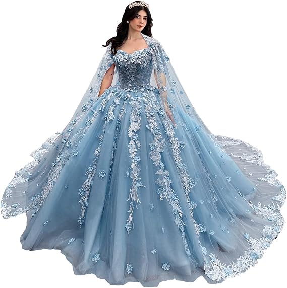 Mouccy Princess 3D Flowers Lace Quinceanera Dresses Puffy Sweet 16 Dress