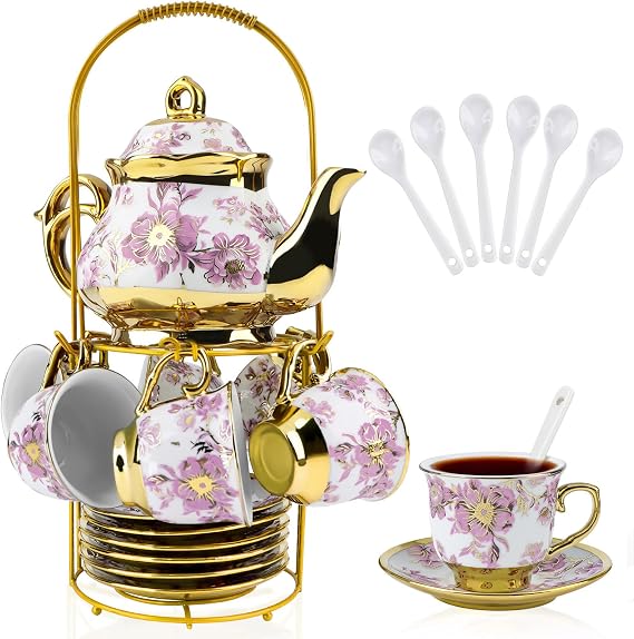20 Pcs Porcelain Tea Set with Metal Holder, 700ml/23oz European Ceramic Tea Set for Adults, Adult Tea Set Gift, Flower Tea Cup Saucer Set for Party With Gold Flower Painting