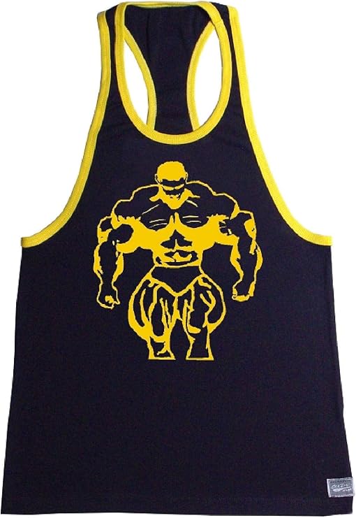 Fitted Black with Yellow Trim Bodybuilder Tank Top with Muscle Man Design in Yellow