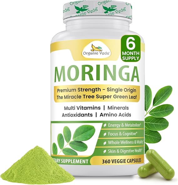 Organic Veda Moringa Capsule 1000mg, 6 Months Supply - True Green Pure Organic Moringa Leaf Superfood - Vitamins & Antioxidants Rich Powder, Energy, Digestion, Brain & Skin Health - 360 Vegan Capsule