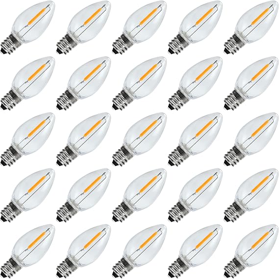 25Pack C7 LED Replacement Light Bulbs, Shatterproof LED Bulbs for Window Candles & Chandeliers, E12 Screw Base, 0.6 Watt Equvalent to 5 6 7 Watt Incandescent Bulbs, Warm White 2200K