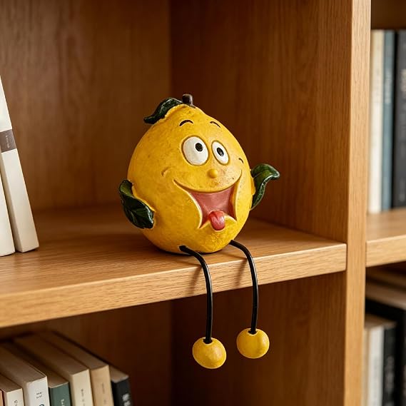 Fruit Resin Shelf Sitters Figurines with Flexible Dangling Legs Whimsical Hanging Edge Statues Cute Fruit Character Desktop Ornaments for Bookshelf Windowsill Tabletop Indoor Home Decor (Lemon)