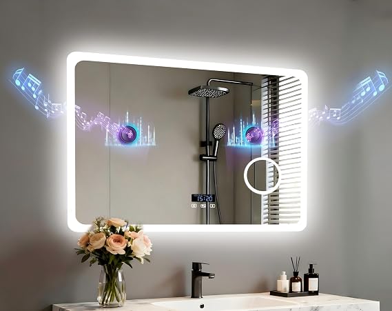 LUVODI LED Bathroom Mirror Rectangle: 31.5" x 23.6" Bluetooth Vanity Mirror | Time Display, Magnifier, Anti-Fog, Memory Function, 3 Color Temperature