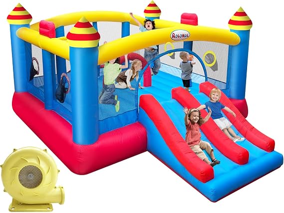 Big Inflatable Bounce House, Jumping Bouncy Castle for Kids,18.7ft x 13ft, Outdoor Bouncer with Double Slide,Double Basketball Hoop,Fun Central Obstacle,Throw Ball Game,Reinforced Oxford Bounce Floor