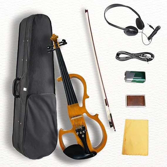 Electric Violin, 4/4 Full Size Silent Violin Varnish Solid Wood Quite Violin Fiddle with Ebony Fittings, Beginner Violin for Adults Students(Maple)
