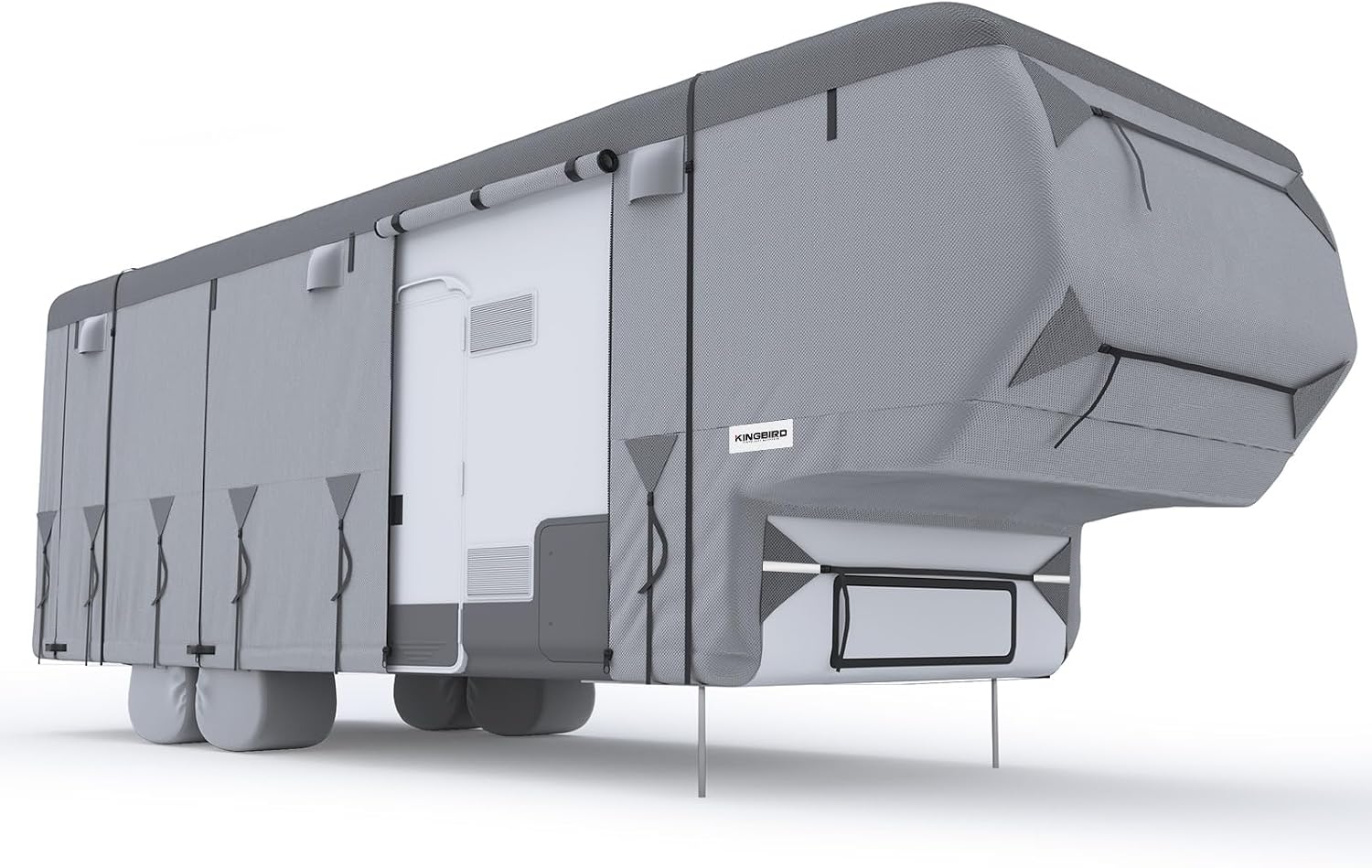 KING BIRD Oxford Fabric 5th Wheel RV Cover, 600D Oxford Camper Cover 33-37 ft Tearproof Waterproof Windproof Travel Trailer Cover with 2Pcs Extra Straps, 6 Gutter Covers & 4 Tire Covers