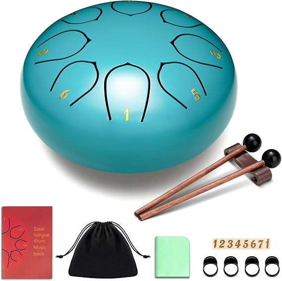 CAHAYA Steel Tongue Drum 6-Inch: 8 Notes Rain Drum Steel with Music Book Handpan Drums Mallets Finger Paddles and Carry Bag for Kids Gift Meditation Blue