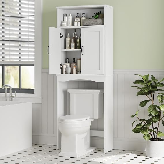 Over The Toilet Storage Cabinet, Over Toilet Bathroom Organizer with Adjustable Shelf and Double Doors, Space Saver Shelf Above Toilet Storage Cabinet (White)