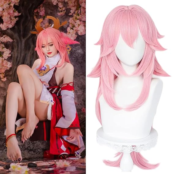 LABEAUTE Pink Cosplay Wig for Yae Miko Long Anime Curly Sakura Straight Hair Wig with Ponytails for Halloween Party Include Cap
