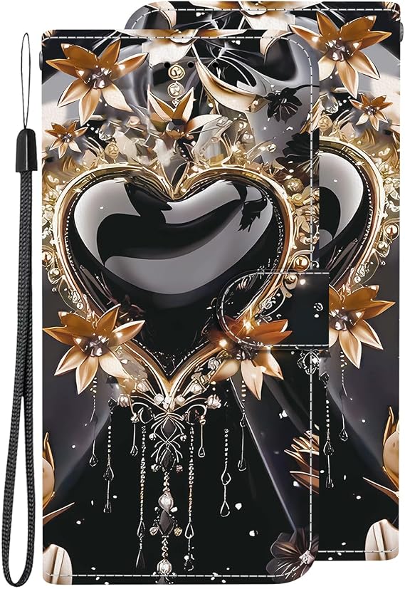 Case for Infinix NOTE 12 G96/X670,Black Heart Jewellery Yellow Crown Painting Multifunction Leather Phone Case Wallet Flip Cover with Multi Card Slots Pocket Wrist Strap for Infinix NOTE 12 G96/X670