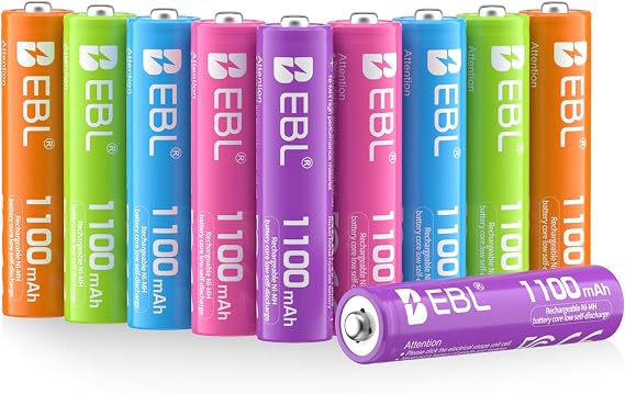 EBL Rechargeable AAA Batteries 10 Pack High Capacity 1100mAh (10 Pack- 2 * 5 Color in One Box) 1.2V Ni-Mh Triple AAA Battery ProCyco Technology