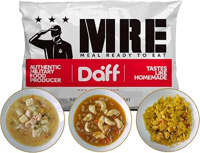 MRE Meals Military Style by DAFF. Mix Meal Pack 1 Pasta, 1 Paella, 1 Salmon Stew 3 Single Meals. Full Meal Ideal for Camping, Survival, Prepping and as Emergency Food. [1000 CaloriesBag]