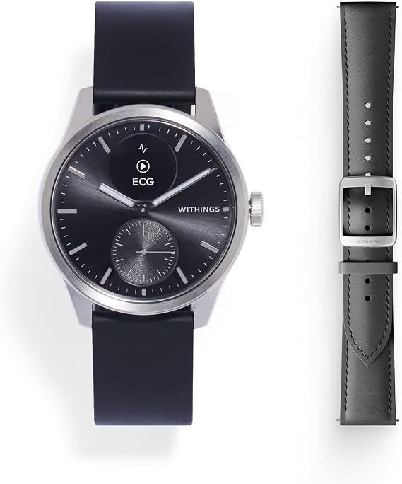 Withings ScanWatch 2 – Gesundheits-Smartwatch für Damen und Herren EKG SpO2 Temperatur Schlaf-Tracker Atemgesundheit wasserdicht Akku 35 Tage Android und iOS Bundle Schwarz