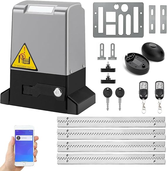 Automatic Sliding Gate Opener with APP Control, Rack Drive Motor, 2 Remotes & IR Sensor, Complete Hardware Kit for Gates Up to 40ft, Smart