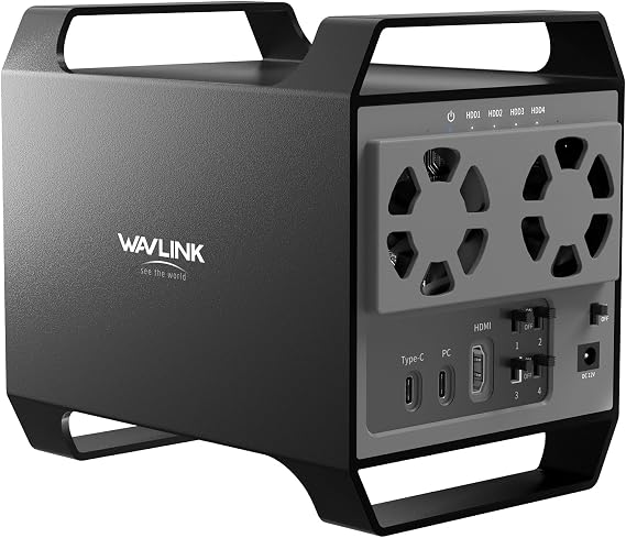 WAVLINK 4-Bay Hard Drive Enclosure for 3.5" and 2.5'' SATA HDD/SSD Featuring 10Gbps USB-C 3.2, Max 128TB Capacity, Built-in Temp-Controlled Cooling Fans, 4K HDMI Stunning Video Output, Aluminum Shell