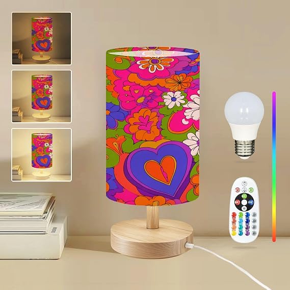 Round Table Lamp for Bedroom Retro Groovy 60s 70s Seamless Old School Psychedelic Hippie Design Beside Lamps Desk lamp with Wood Base Nightstand Lamps for Nursery Living Room Home Decor