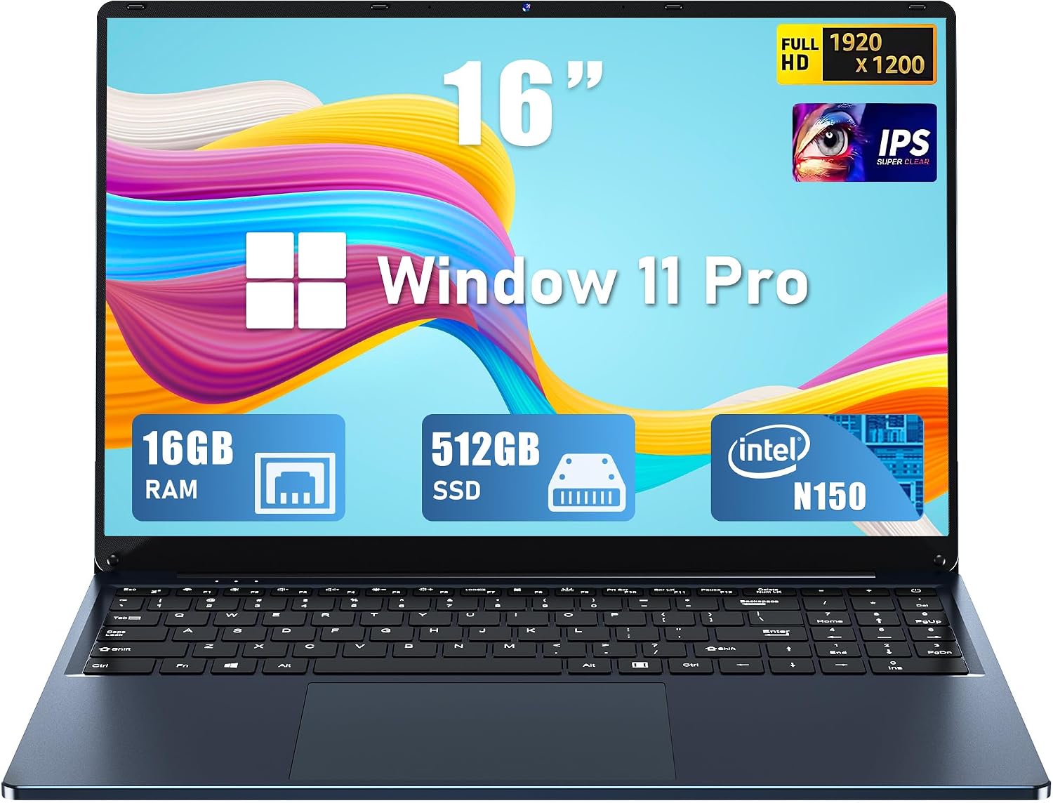 Gaming Laptop, 16 Inch Laptop Computer with Windows 11 Pro, Intel 12th Gen N150 Processorup to 3.6GHz, 16GB RAM 512GB SSD, Backlit Keyboard, FHD 1920  1200, Bluetooth. Dark Blue
