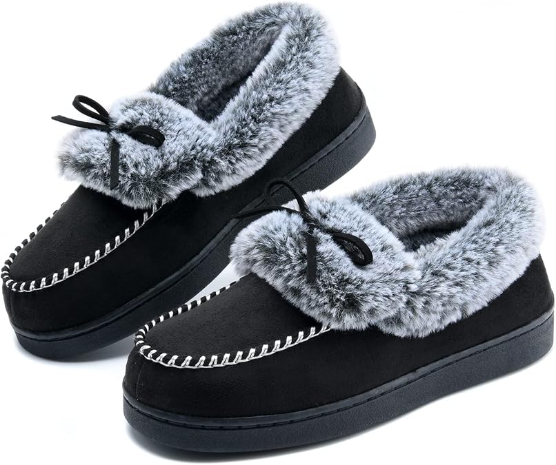 DL Womens Fuzzy Warm Moccasin Slippers Memory Foam, Soft Fluffy Women's Winter House Slipper Closed Back Fur Lined, Cozy Ladies Suede Indoor Bedroom Houseshoes Non-Slip