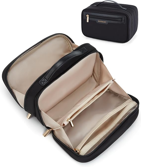 BAGSMART Travel Makeup Bag Large Capacity Wide-Open Make up Bags for Women, Travel Essentials & Cosmetics Toiletries Accessories, Black
