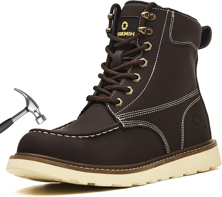 TAKMHI Mens Steel Toe Work Boots Lace Up Non Slip Industrial Safety Shoes