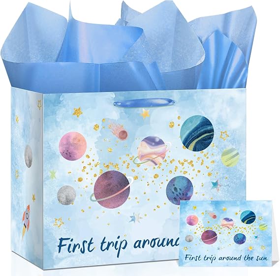 Baby Boy Gift Bags First Trip Around The Sun Decoration Galaxy Space 1st Birthday Wrapping Paper Bag Planet One Year Old Greeting Card Tissue Papers for Boys Baby Shower Party Favors Decor Supplies