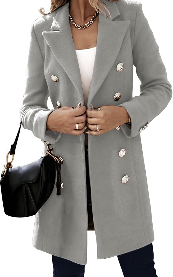 Wool Blend Coats for Women Notched Collar Double-Breasted Trench Coat