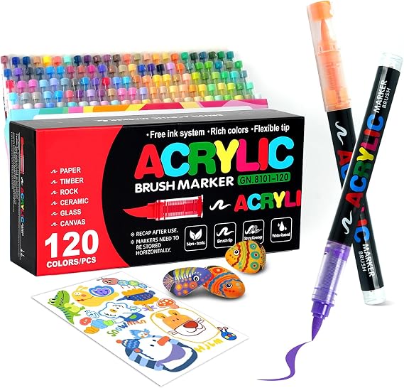 120 Colors Acrylic Paint Markers, Quick-Drying, Soft Brush Tip | Smooth Writing, Waterproof, Acrylic Paint Pen Set for Wood,Canvas,Rock,Canvas,DIY Crafts Making