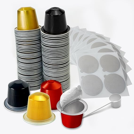 Disposable Espresso Capsules Fillable Coffee Pods For Nespresso OriginalLine,60 Empty Filter Capsule With Aluminum Foil Lids,Make Your Own Replacement Pod For Nespresso Machines(Black,Gold,Red)
