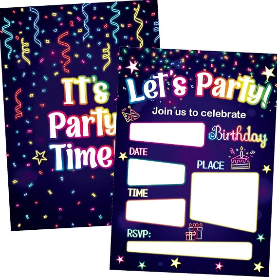 WorldBazaar Neon Birthday Invitations with Envelopes 20 Pack Kids Party