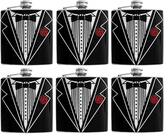 Gifts Infinity Set of 6 Flask 8oz Groomsmen, Best man, Groom Tuxedo Vinyl Wrap Stainless Steel