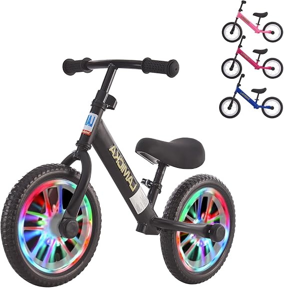 12/14" Kids Bike Kid Balance Bike Toddler Training Bike No Pedal Children Cycles with LED Light up Wheels Adjustable Handlebar Leather Seat Fixed bracket for 2-5 Years old Boys and Girls
