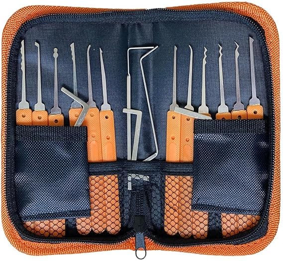 Lock Picking Kit, 17-Piece Lock Pick Set with Manual and Zip Case for Lockpicking, Extractor Tool for Beginner and Locksmith Training (Without Padlock, Orange)