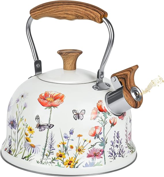 Whistling Kettle, 2.7 Quart Stove Top Kettle for Gas Hob with Anti-Hot Wood Pattern Handle Food Grade Stainless Steel Stovetop Kettles- Whistling Teapot Induction Kettles for Hobs & Gas Stoves