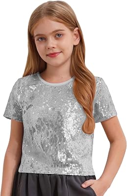 Jan Jean Kids Girls Sequin Jazz Hip Hop Dance Tops Metallic Short Sleeve Performance T-Shirts Sparkly Party Blouses