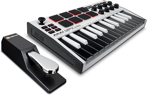 AKAI Professional Midi Controller + Sustain Pedal Bundle - MPK Mini MK3 White USB-MIDI-Keyboard Controller + M-Audio SP-2 Universal Sustain Pedal