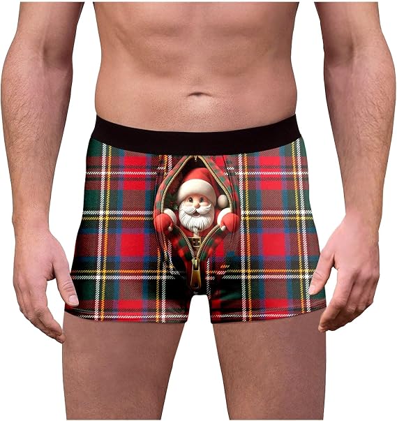 Mens Christmas Boxers - Male Plaid Christmas Day Printed wear Funny Fitting Mid Waist Briefs