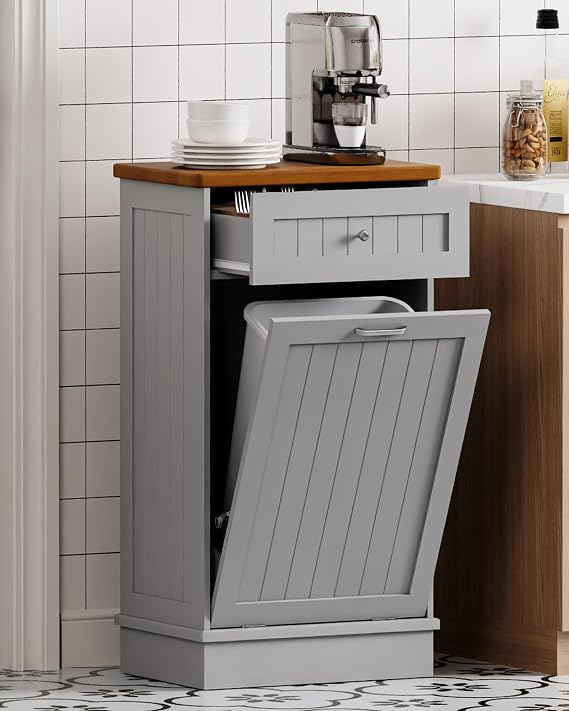 Betterhood 10 Gallon Tilt Out Trash Cabinet with Big Storage Drawer, Solid Wooden Trash Garbage Can Cabinet, Mid-Century Modern Recycling Cabinet & Laundry Sorter for Kitchen Dining Room, Gray