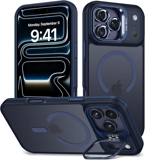 Babilden iPhone 17 Pro Max İçin Kılıf Kamera Korumalı Magsafe İle Uyumlu Kablosuz Şarj Özellikli Mat Şeffaf Renkli Standlı Lens Hediyeli Telefon Kılıfı (Lacivert)