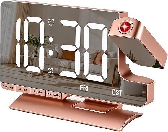 Projection Alarm Clock for Bedroom Ceiling, Digital Mirror Alarm Clock with 180° Rotatable Projector, 7.3" Large LED Display, Dual Alarm, USB & Type-C Charger, Loud Alarm for Heavy Sleepers Rose