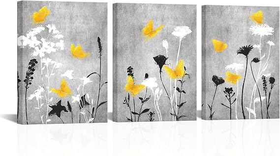 LoveHouse Yellow and Gray Wall Art Vintage Wildflower Decor