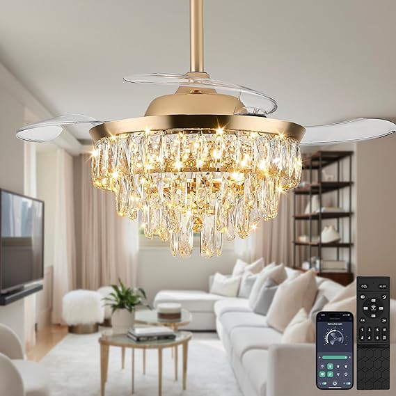 LEONTYNE 36 inch Crystal Ceiling Fan with Light & Remote - Retractable Blades, Dimmable LED, 3 Colour Temperatures - Smart Fandelier Light for Bedroom Living Room Dining Room (Gold) [Energy Class E]