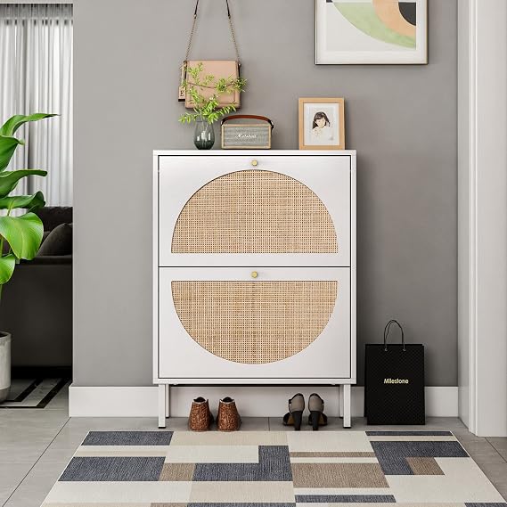 White Rattan Shoe Storage Cabinet with 2 Flip Drawers for Entryway, Freestanding Shoe Rack Modern Slim Entryway Shoe Organizer with Half Round Woven Rattan Doors for Hallway